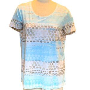 Chico's Zenergy Tee Top Aqua White Metallic Gold Dots Sz 2 (L/12) #130E
